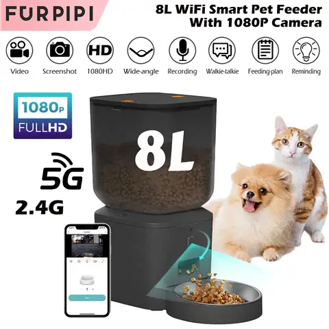 Go To 자세히 둘러보기 1080p 카메라 비디오가 장착된 8L 자동 고양이 피더 5G WiFi 고양이 음식 디스펜서 애완 동물 스마트 보이스 레코더 Tuya APP 애완 동물 자동 피더