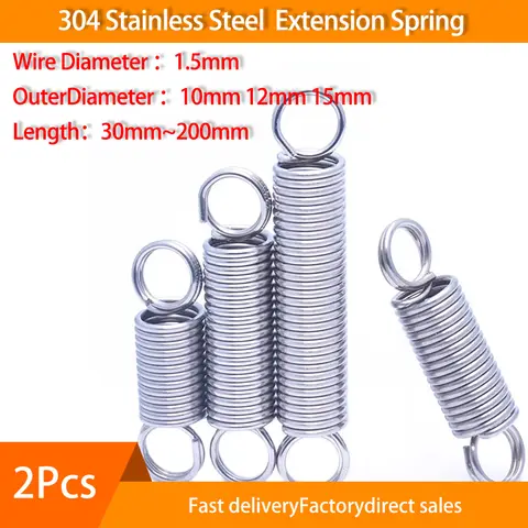 Go To 자세히 둘러보기 2Pcs 304 스테인레스 스틸 연장 스프링 와이어 직경 1.5mm O 링 후크 코일 듀얼 후크 소형 인장 스프링 OD 10mm 12mm 15mm
