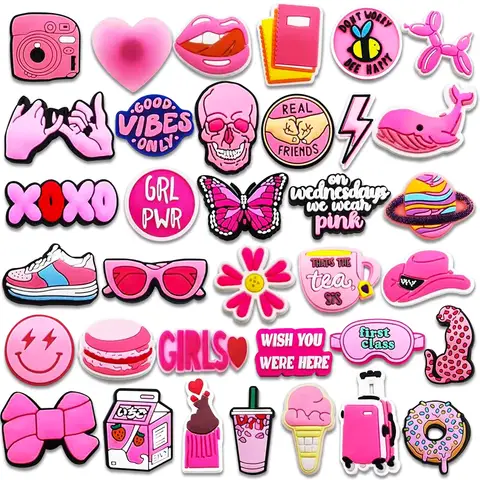 Go To 자세히 둘러보기 35Pcs 핑크 시리즈 나막신 신발에 대 한 신발 매력 DIY 장식 프리미엄 품질 인기있는 매력 액세서리 버블 슬라이드 샌들, PV