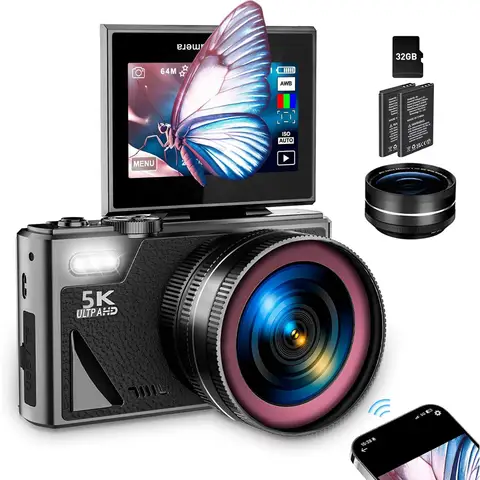Go To 자세히 둘러보기 5K 디지털 카메라 (사진 촬영용) 75MP HD 카메라 18배 디지털 줌 180 ° 유튜브 자동 초점용 빈티지 뒤집기 화면 블로깅 카메라