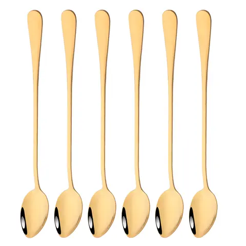 자세히 둘러보기 6Pcs 커피 스푼 아이스크림 차 교반 숟가락 주방 액세서리 바 도구 긴 처리 숟가락 스테인레스 스틸 식기 세트