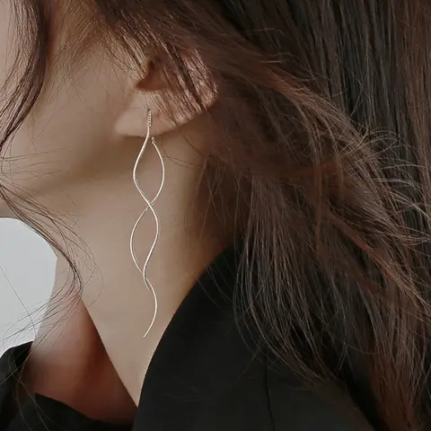 Go To 자세히 둘러보기 925 스털링 실버 간단한 긴 웨이브 Tassels 여성을위한 귀 라인 드롭 귀걸이 파인 쥬얼리 미니멀리스트 액세서리