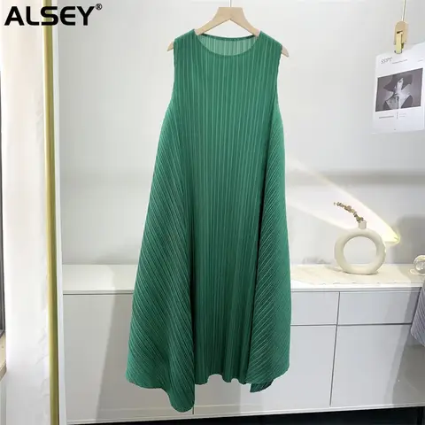 자세히 둘러보기 ALSEY Miyake 여성용 주름 민소매 패션 원피스, 우아한 O넥 단색, 루즈 심플 캐주얼 파티 원피스, 여름 신상