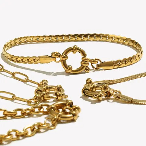 Go To 자세히 둘러보기 E.B.belle Slingshot 버클 종이 클립 체인 팔찌 18K 골드 도금 여성용 핸드 팔찌 316L 스테인레스 스틸 쥬얼리