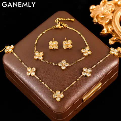 Go To 자세히 둘러보기 GANEMLY 스테인레스 스틸 스파클링 화이트 지르콘 꽃 목걸이 팔찌 귀걸이 여성을위한 설정 유행 방수 보석 선물