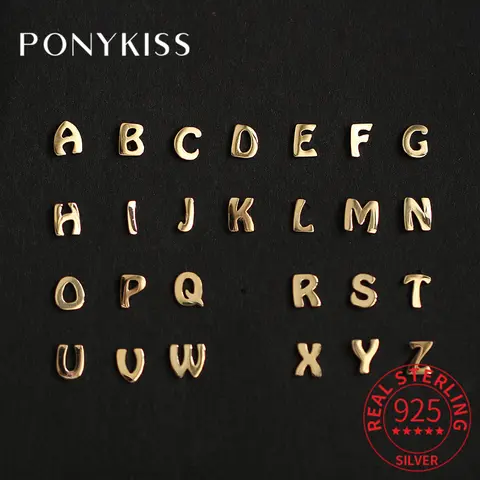 Go To 자세히 둘러보기 PONYKISS 1 조각 진짜 925 스털링 실버 26 편지 스터드 14K 골드 스터드 귀걸이 여성을위한 펑크 파인 쥬얼리 미니멀리스트 Bijoux