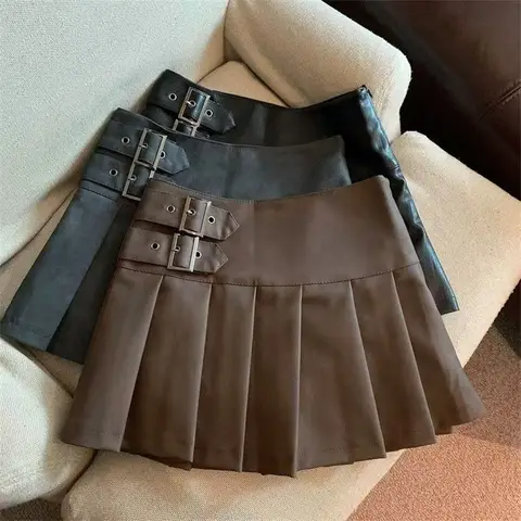 자세히 둘러보기 S-3XL Y2K Pu 가죽 미니 스커트 여성 streetwear 하이 웨스트 플리츠 스커트 빈티지 한국어 블랙 슬림 캐주얼 a 라인 스커트