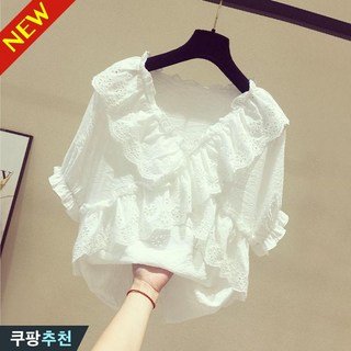 자세히 보기 (Top-1 추천) 빅사이즈 여성 레이스 프릴 셔링 브이넥 블라우스 반팔 티셔츠 여름 편한 프렌치 입체 레이어드 패션 심플 단아한 기질 이쁜 데일리 코디 고급 상의 바캉스 티