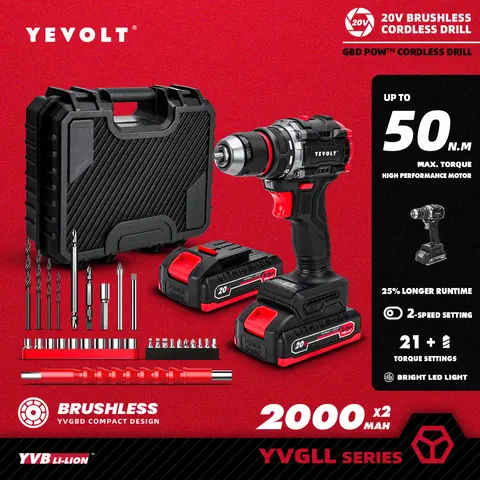 자세히 둘러보기 YEVOLT YVGBD20DU2 시리즈 브러시리스 무선 드릴, 리튬 이온 컴팩트, 전기 20V 21 + 1 드라이버, 휴대용 스크루드라이버 전동 공구