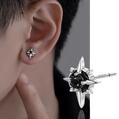 Go To 자세히 둘러보기 남성용 스터드 귀걸이, 지르콘 스타 피어싱 크리스탈 스터드 귀걸이, 스테인리스 스틸, 미니멀리스트 스터드, 남성 여성 파티 쥬얼리
