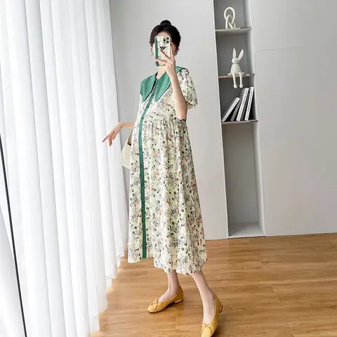 자세히 둘러보기 여름 출산 사진 드레스, 러플 대형 피터팬 칼라, 러플 패치워크 임산부 꽃 원피스 휴일 옷