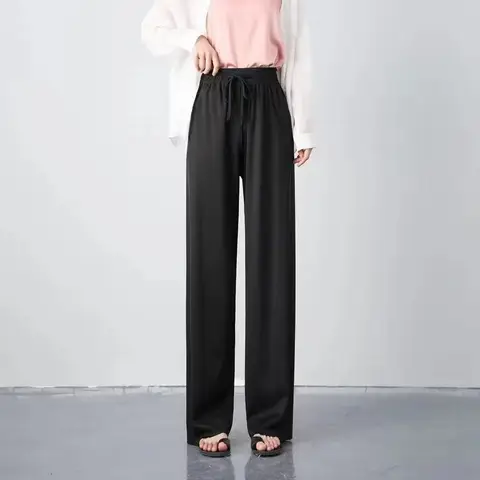 자세히 둘러보기 여성용 아이스 실크 와이드 레그 팬츠, 시원한 스웻팬츠, 얇은 플리츠, 느슨한 스트레이트 팬츠, 오피스 레이디 캐주얼 드로스트링 롱 팬츠