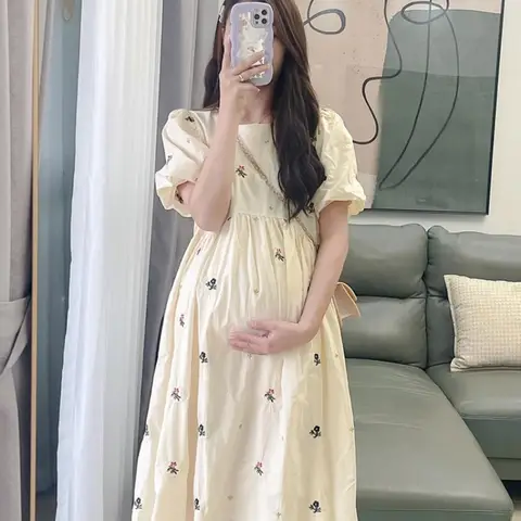 자세히 둘러보기 임신 복장 Bowknot 복장 느슨한 여성 버블 슬리브 쉬폰 작은 꽃 인쇄 출산 의류 임신 한 여자 옷