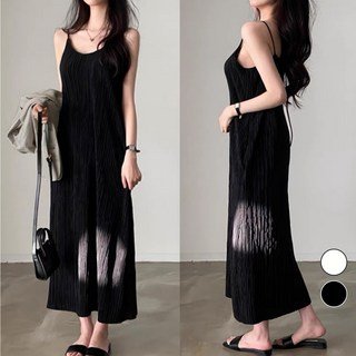 자세히 보기 핏몬 여성 여름 구김없는 플리츠 끈 나시 롱 원피스